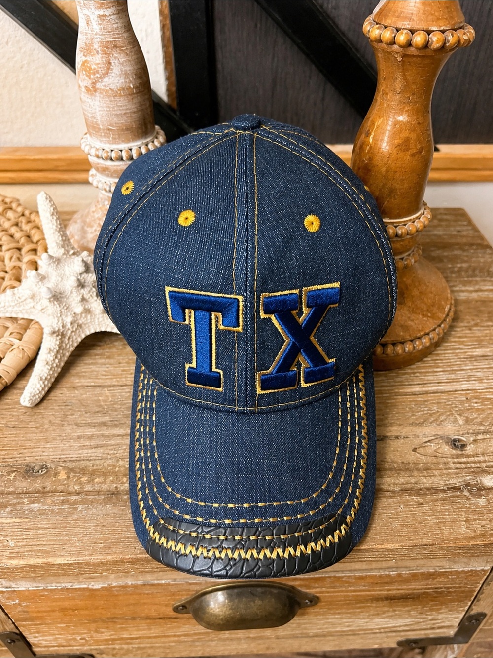 Denim “TX” Baseball Cap | Adjustable | Dark Wash with Gold Stitching
